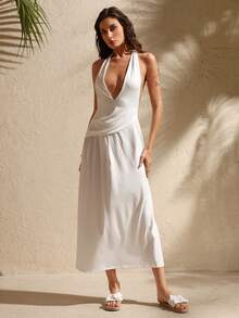 Swim Chiccia 女士白色优雅褶皱露背吊带连衣裙 - 白色 - 查看 4