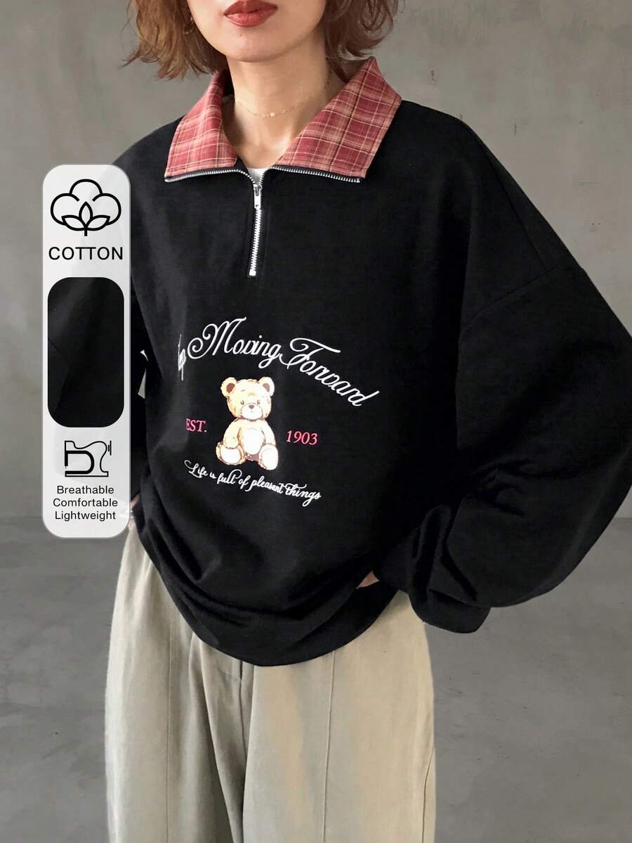 FRIFUL 女士春夏格子拼接翻领金属拉链卡通字母印花长袖宽松休闲百搭T恤 - 黑色 - 查看 1