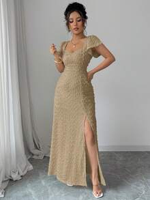 Rafferiza Đầm dài nữ màu trơn, xẻ tà, thiết kế thanh lịch, thắt eo, thích hợp cho các buổi hẹn hò và tiệc tùng. - Màu Khaki - Xem 3