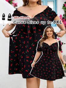 SHEIN CURVE+ Curve 尺码 US22 音乐节、海滨度假、波西米亚风女士春夏假日风格樱桃印花露肩短袖连衣裙，优雅度假装扮，女士休闲婚礼宾客连衣裙，太阳裙 - 黑色 - 查看 1