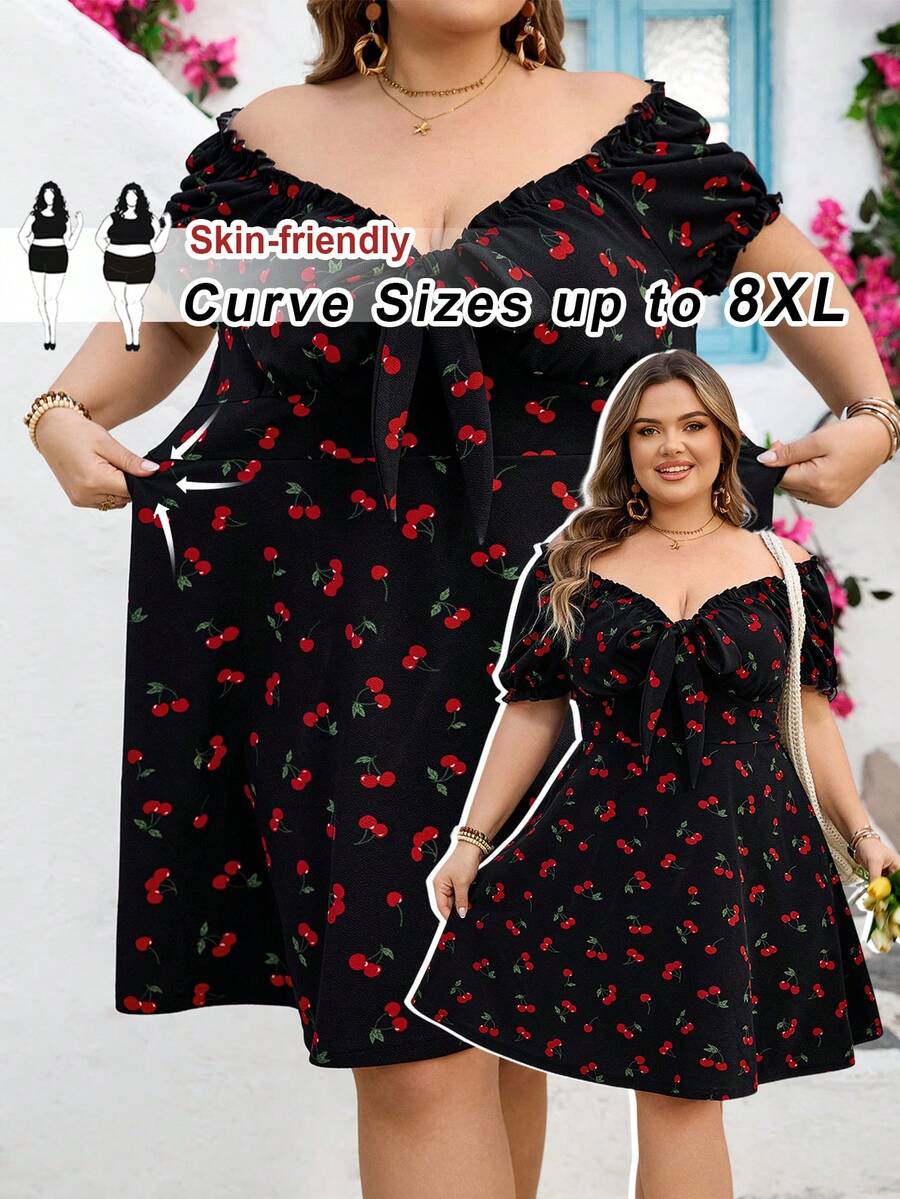 SHEIN CURVE+ Curve 尺码 US22 音乐节、海滨度假、波西米亚风女士春夏假日风格樱桃印花露肩短袖连衣裙，优雅度假装扮，女士休闲婚礼宾客连衣裙，太阳裙 - 黑色 - 查看 1