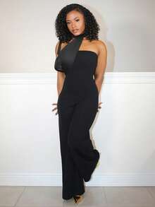 Steph T 素色繞頸闊腿連體褲 - 黑色 - 查看 1