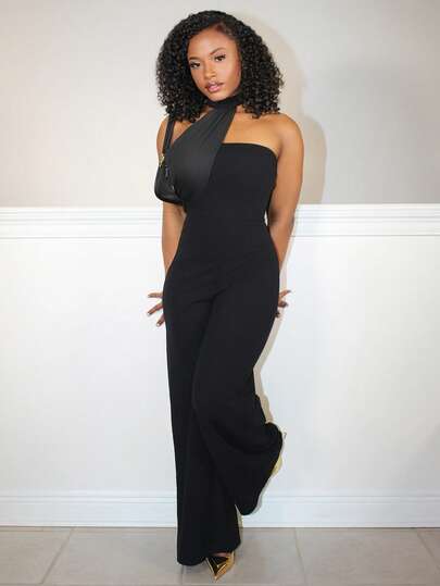 Steph T Solid Halter Neck Wide Leg Jumpsuit