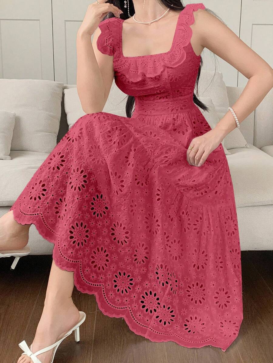 DAZY 法式蕾丝刺绣白色束腰连衣裙，度假仙女风吊带裙 - 玫紅色 - 查看 1