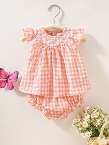 Summer Newborn Baby Girl Pink Plaid Ruffled Sleeveless Top With Matching Triangle Leggings 2 Pieces Set Cute, Fresh, Simple, And Stylish - Pink - View 3