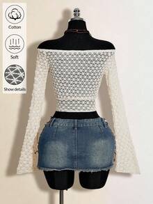 SHEIN ICON 女士度假波西米亚风露肩长袖蕾丝透视性感露肩网纱透视上衣，嘉年华 - 米色 - 查看 2