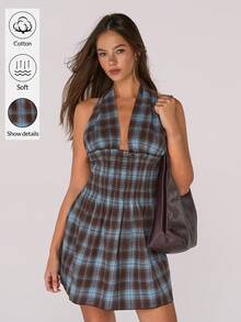 Sweetina 女士时尚性感格子印花露背吊带迷你连衣裙 - 彩色 - 查看 5