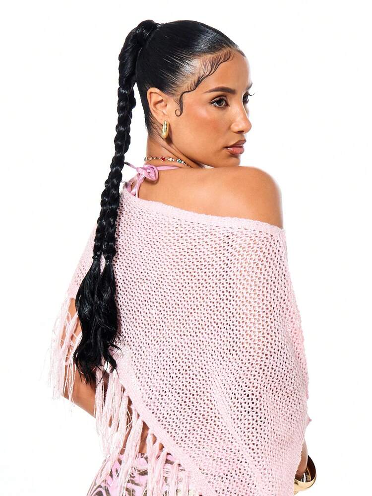SUMWON WOMEN Metallic Knit Off Shoulder Poncho With Fringe