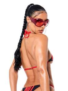 SUMWON WOMEN Women Two Piece Halter Neck String Bikini Set With Bold Text Graphics Red Black Tropical Beach Swimwear Summer Vacation Poolside - Black - View 2