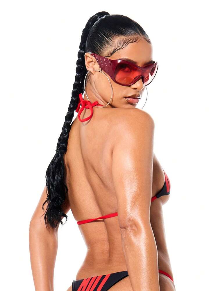 SUMWON WOMEN Halter Neck String Bikini Set With Text Graphics