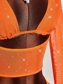 Amplova 亮片细节性感紧身长袖露脐上衣和紧身倒V领迷你裙两件套 - 橘色 - 查看 8