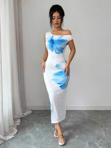 Elenzga Women's Summer Fashion Vacation Dress, French Blue Floral Print Off Shoulder Waist Fitted Dress - Multicolor - View 4