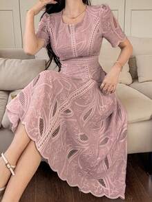 DAZY 女士优雅花卉蕾丝圆领花瓣袖中长连衣裙，夏季吊带裙 - 粉色 - 查看 4