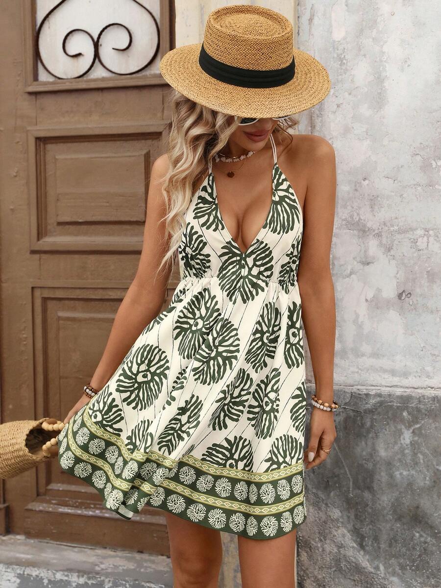 Brillora Spring/Summer Vacation Printed Chiffon Mini Dress For Women - Green - View 1