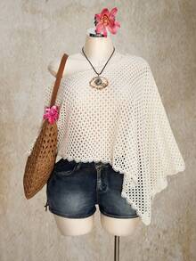 SHEIN ICON 大码性感薄纱沙滩罩衫，米色水溶蕾丝边钩编薄纱罩衫（女士款） - 米色 - 查看 1