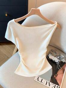 Resyla 女士休闲基础款白色不对称肩部修身腰部褶皱T恤 - 白色 - 查看 1