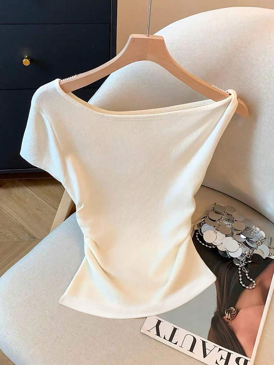 Resyla 女士休闲基础款白色不对称肩部修身腰部褶皱T恤 - 白色 - 查看 1