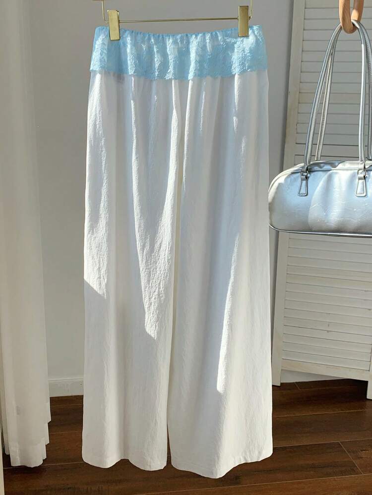 Comfortcana Pantalon en coton décontracté pour femmes, contraste de couleur bleu et blanc, dentelle de contraste. Tenue de vacances pour femmes, style américain décontracté, Saint-Valentin, Carnaval, loisirs à la maison, plage, vacances d'été pour femmes, printemps, vacances de printemps, graduation, mariage, cérémonie, vacances élégantes, vacances décontractées, plage d'été pour femmes - Blanc - Voir 2