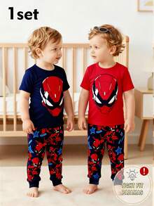 一套男婴紧身睡衣，春秋季蜘蛛侠和超级英雄印花圆领短袖长裤睡衣套装 - 藍色 - 查看 1