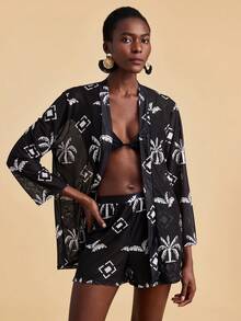 Travachic 女士度假沙滩椰树几何印花上衣短裤泳衣罩衫套装 - 彩色 - 查看 5