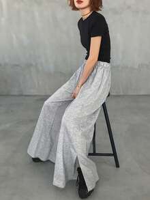 FRIFUL Women's Elastic Waist Palazzo Pants, Ankle Length, Summer - Grey - View 2