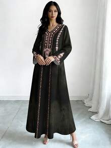 SHEIN Najma Floral Print V-Neck Long Sleeve Olive Green Maxi Dress, Elegant Arabic Style Clothing, Spring/Summer - Multicolor - View 6