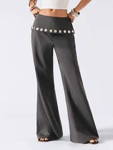 LYSMO 2026 New Arrive Minimalism Spring/Summer Women's Casual Flared Pants With Waist Fold Design And Buttons - Dark Grey - View 3