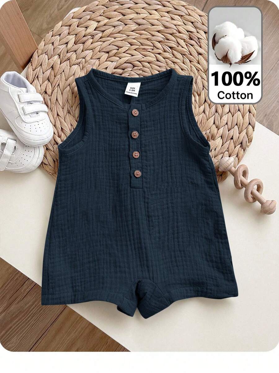 Bộ áo liền quần không tay màu xanh dương dễ thương cho bé trai sơ sinh, thích hợp cho mùa hè, đi nghỉ mát, tiệc sinh nhật, biểu diễn, đám cưới, lễ kỷ niệm một tháng tuổi, lễ rửa tội và tiệc mừng sinh nhật lần thứ nhất của bé. - Màu xanh hải quân - Xem 1