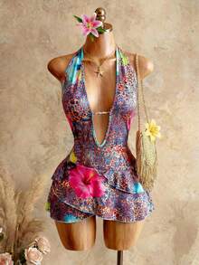 Mistrie Leopard Floral Print Knit Asymmetric Overlap Ruffle Hem Sexy Backless Party Dress, Spring/Summer - Multicolor - View 2