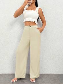 SHEIN PETITE CURVE Quần dài nữ cỡ lớn, màu trơn, kiểu dáng đơn giản, thường ngày, phong cách thường nhật. - Màu be - Xem 7