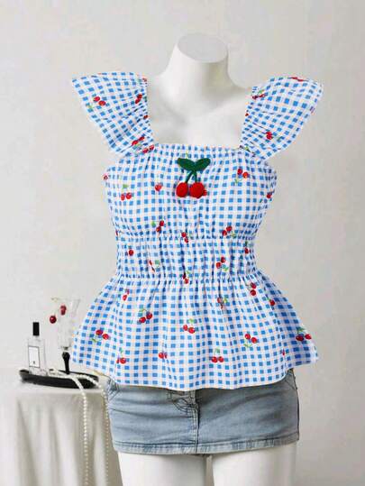 ChillGRL 少女休闲法式格纹樱桃装饰荷叶边衬衫，优雅百搭，适合春夏穿着