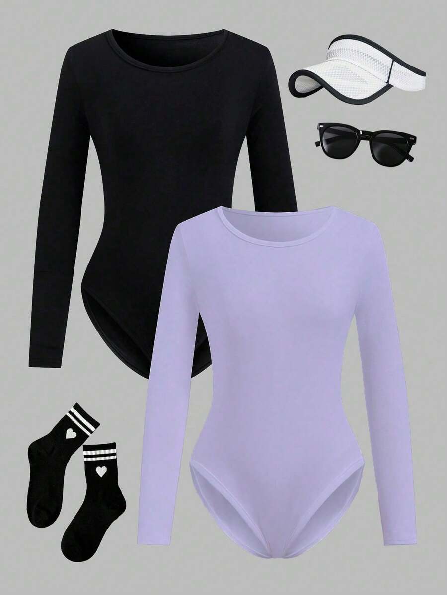 SHEIN 2件装女童纯色圆领舞蹈体操服,弹力修身长袖舞蹈连体衣,春夏款 - 彩色 - 查看 1