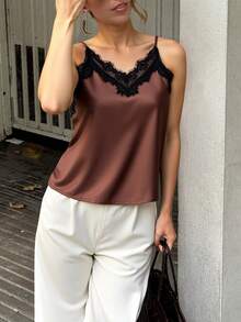 Briarwyn 2026 New Arrive Women's Contrast Color Lace Patchwork Spaghetti Strap Sleeveless Elegant Tank Top, Summer,Satin,Brown - Coffee Brown - View 7