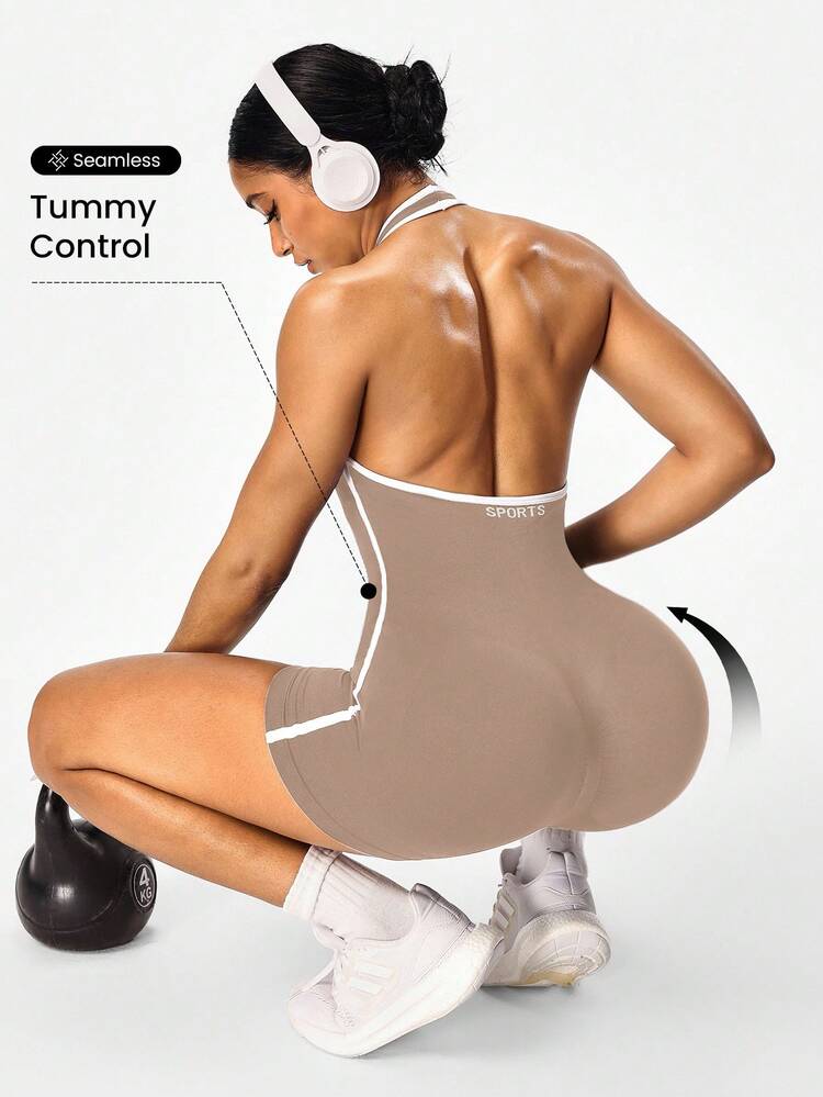 Seamluxe SHEIN Sport Macacão Feminino Sem Costura de Cor Sólida com Decote Halter e Costas Abertas - Caqui - Visão 1