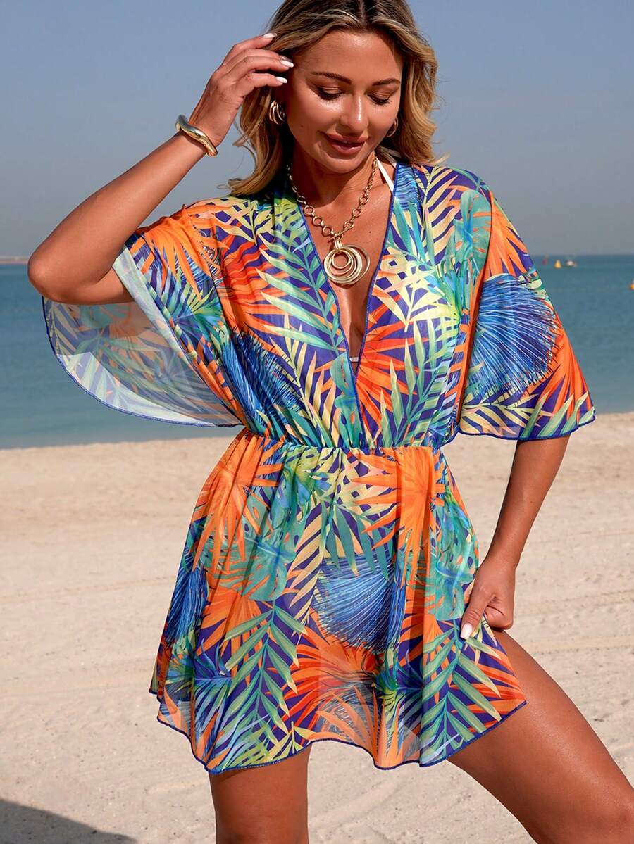 Swim Vcay Women's Tropical Plant Print V-Neck Tie-Waist Beach Dress With Cover-Up, Spring/Summer - Blue - View 1