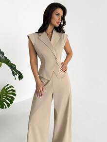 Firerie Quần ống rộng nữ thanh lịch mùa hè, kiểu dáng tối giản, thoải mái, màu cà phê, chất liệu vải lanh, chất liệu tre, thắt nút. - trắng - Xem 5