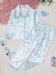 2pcs Tween Girls Cute Bow Print Lapel Cardigan Long Sleeve Top And Casual Pants Pajama Set Girls Pajama Set Fall Winter - Blue - View 8