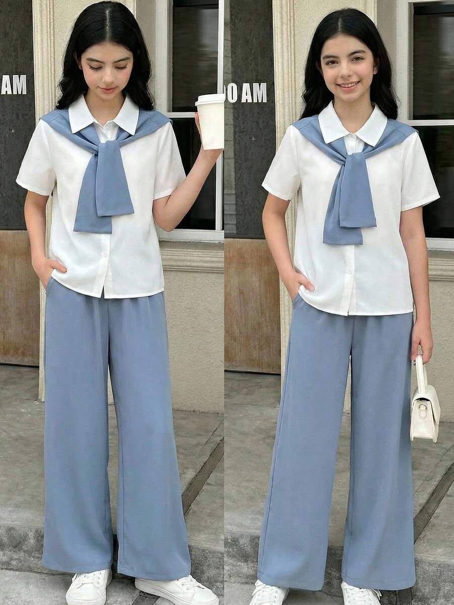 SHEIN Teen Girls' Blue & White Loose Blouse And Wide Leg Pants 2 Pieces Set, Elegant Casual College Style, Spring/Summer - Blue and White - View 1