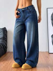 SHEIN Teen Girls' Casual Everyday Commute Versatile Low-Waist Washed Loose Wide-Leg Jeans - Dark Wash - View 4