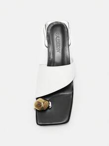 女士金属圆扣法式优雅粗跟拖鞋，露趾正装拖鞋 - 白色 - 查看 9