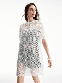 Aveloria Modichic Women's Elegant White Lace Crochet Short Dress,Summer Tea Party Mock Neck Straight H-Line Cut Short Sleeve Scalloped Hem Retro Sweet Outfits - White - View 4