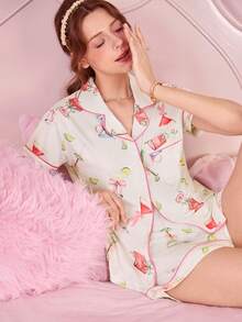 Bonmuse 2pcs Women Summer Lemon Wineglass Print Pajamas Set, Short Sleeve Collared Cardigan Top And Elastic Waist Shorts, Casual Pajamas & Loungewear Set For All Seasonsfor Summer - White - View 9