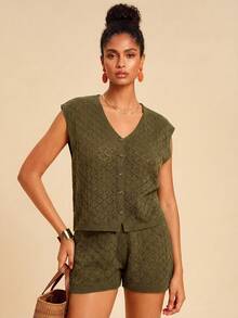 Travachic Women's Olive Green Casual Knitwear Sleeveless V Neck Rib-Knit Top And Shorts Co-Ord Set - Olive Green - View 6