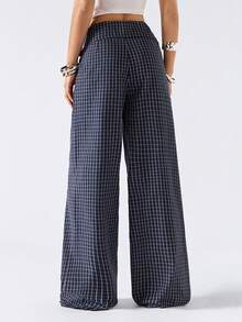 LYSMO 女士侧系腰格子阔腿宽松阔腿裤 - 深灰色 - 查看 2