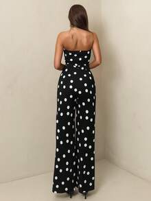 SHEIN Glamour 女士连体裤，针织黑白波点无肩带连体裤 - 黑與白 - 查看 2