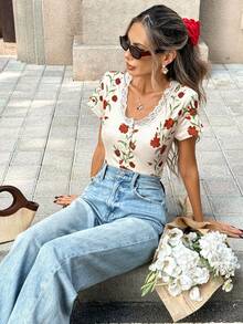 Pariaura Women's New Lace Trim Collar Button Front Fitted Short Printed Top - Apricot - View 4