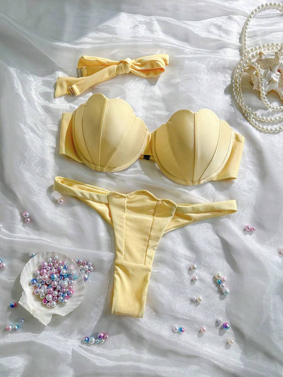Swim Mod Baju Renang Seksi 2 Potong Motif Patchwork Petal dengan Cup Keras dan Tali Bahu yang Dapat Dilepas, Warna Polos - Kuning - View 1