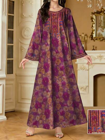 SHEIN Najma Vestido largo de manga larga con cuello en V con textura de pintura al óleo y estampado floral y de plantas, vestido largo de mujer con estampado floral pequeño, ropa elegante de estilo árabe, primavera/verano