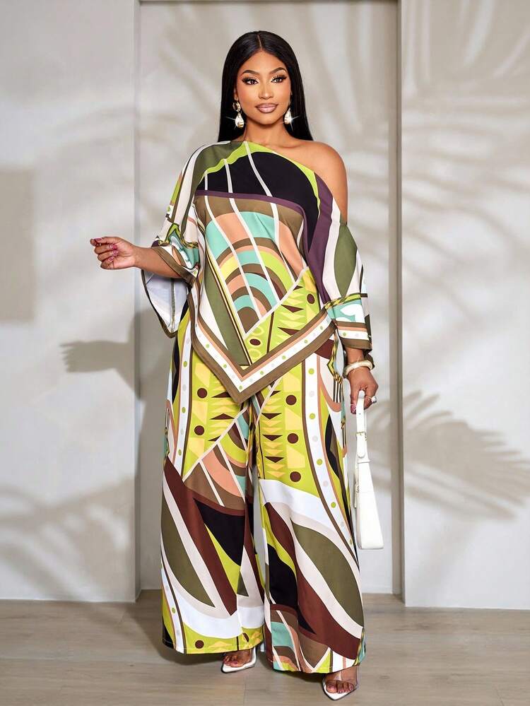 SOLERSUN Plus Size Women's Casual Geometric Floral A-Line Wide-Leg Pants For Spring And Summer, Suitable For Vacations, Commuting, And Everyday Wear. - Multicolor - View 1