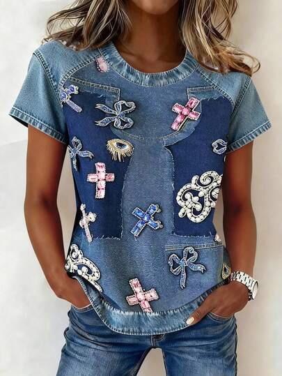 EMERY ROSE Damen Jeans Patchwork Rundhals Kurzarm T-Shirt